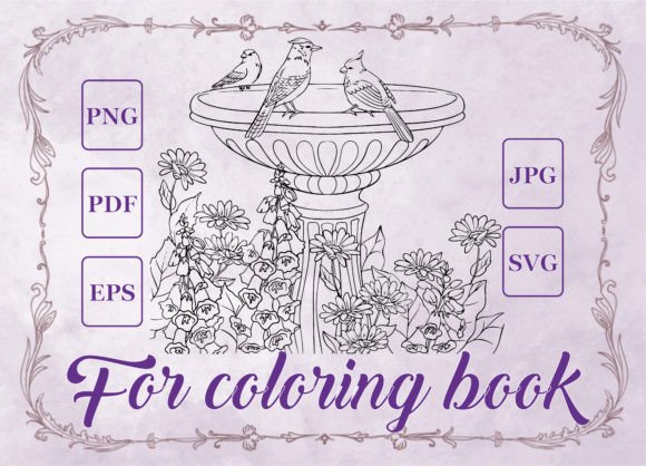 Fountain Birds Flowers Adult Coloring Graphics & Coloring Pages Amp