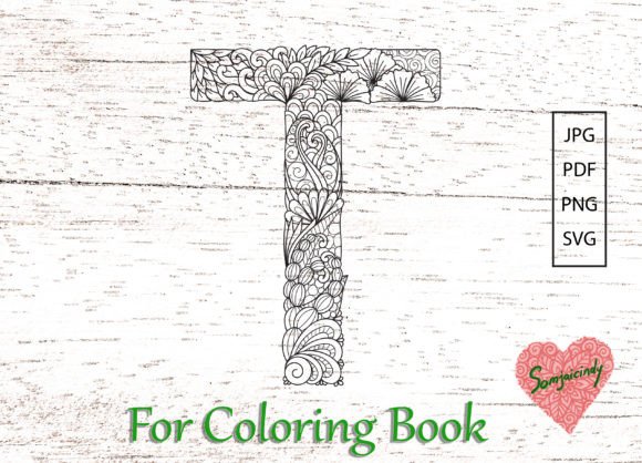 Mandala Letter T, 8.5×11 for Coloring